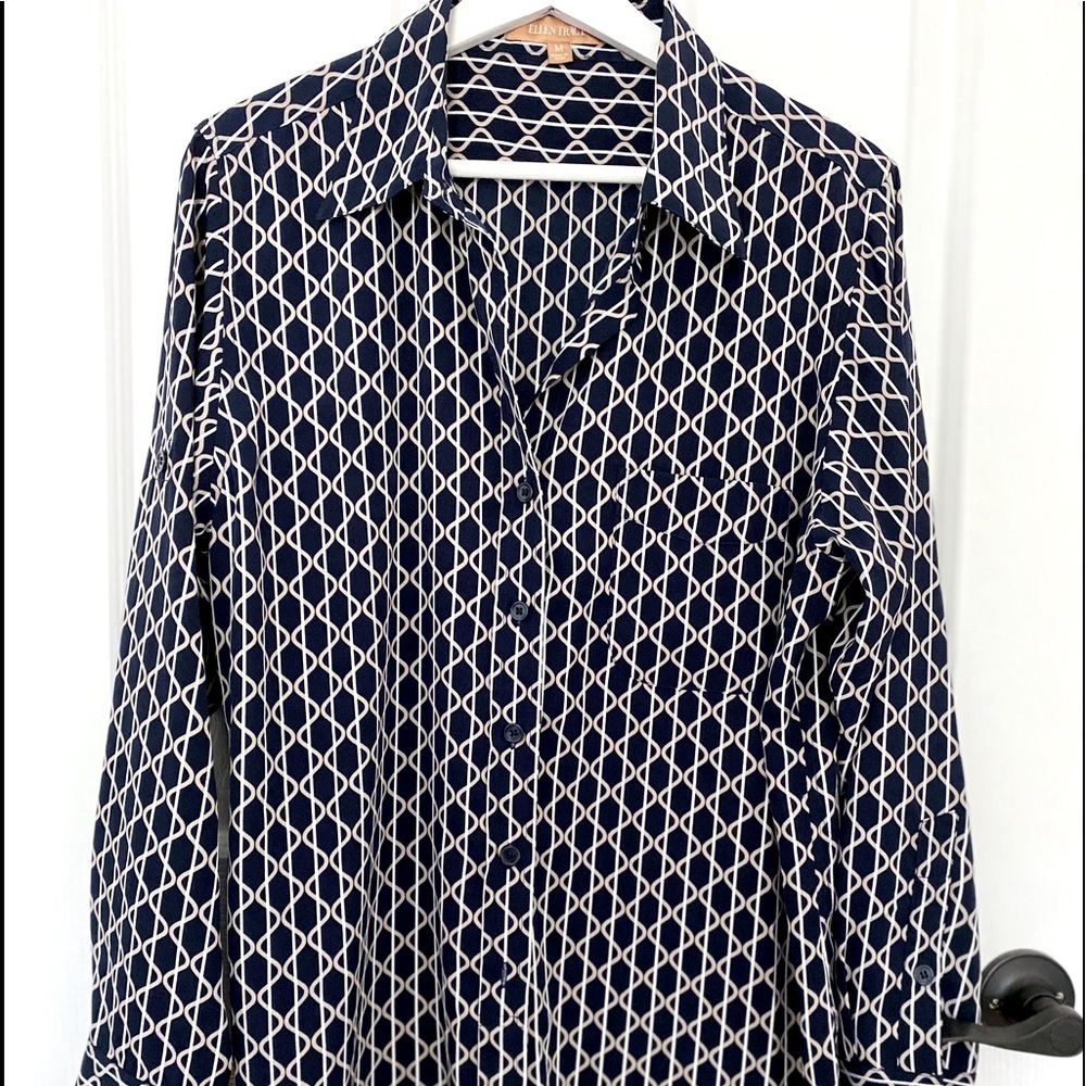 Ellen Tracy Long Sleeve Button Up Patterned Blouse